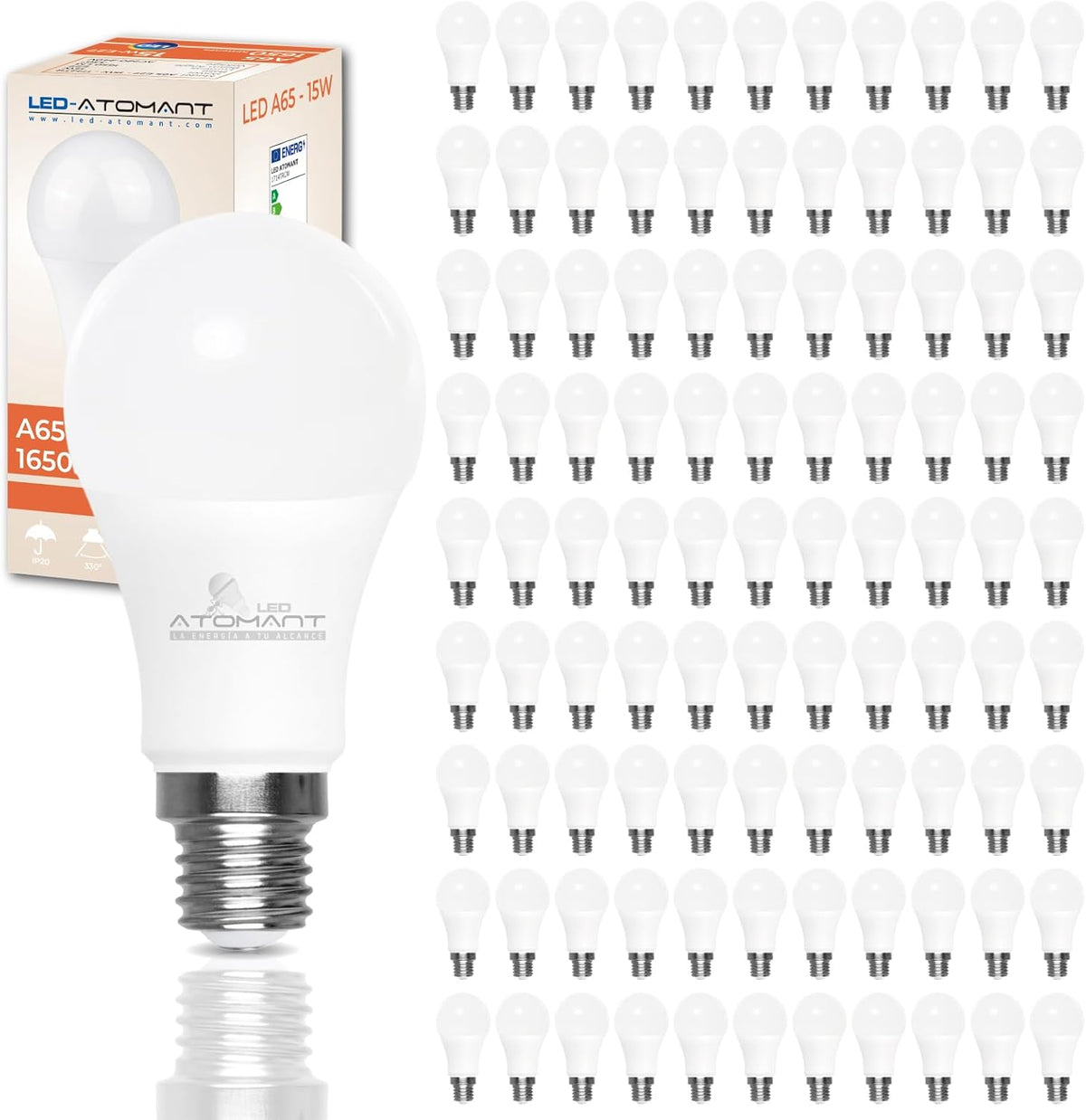 ATOMANT E27 LED A65 15 W - 100 Leuchtmittel mit 1650 lm und warmweißem Licht bei 3000 K - Ersatz für 165 W Lampen bei 220 V - Nicht dimmbar für große Beleuchtungsprojekte
