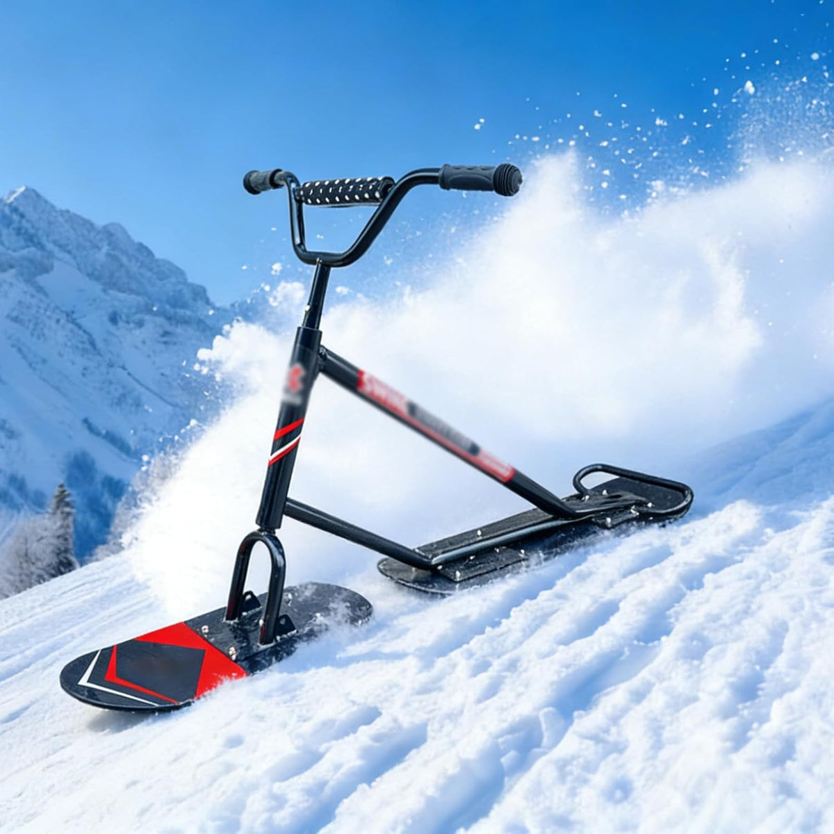 Professioneller Schneescooter Schwarz - 360 Grad Lenkung mit Aluminiumrahmen - Bis 150 kg Traglast für Erwachsene - All Terrain Snowboard Schlitten 134 x 68 x 25 cm