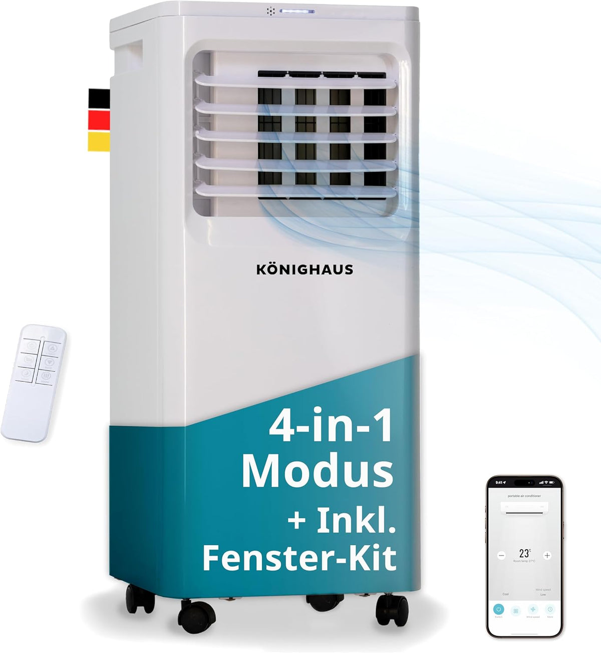 Könighaus mobile Klimaanlage 7000 BTU - 4 in 1 Gerät mit Kühlen Entfeuchten Ventilator und Luftreiniger - 24 Stunden Timer Sleep Mode und Fernbedienung - 2,1 kW mit Rollen