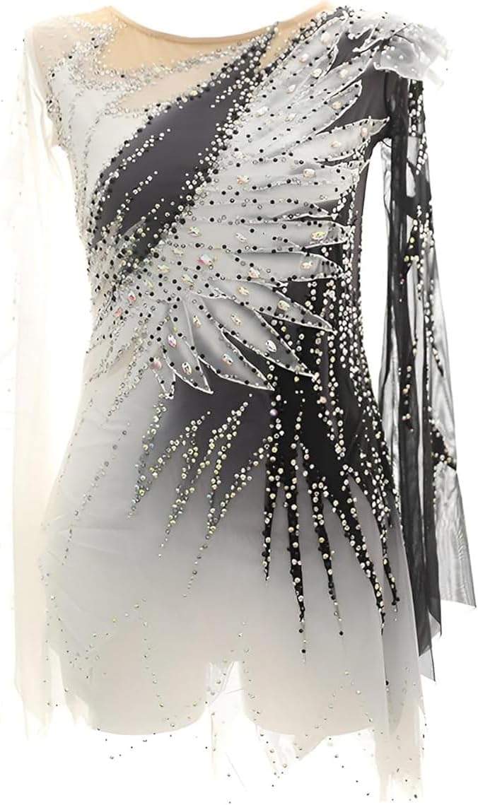 Hynyjxjy Eiskunstlauf Kleid für Mädchen - langärmlig mit glänzenden Kristallen - schwarzes Net Material mit hoher Elastizität - Wettkampf Kostüm für Gymnastik und Eislaufen
