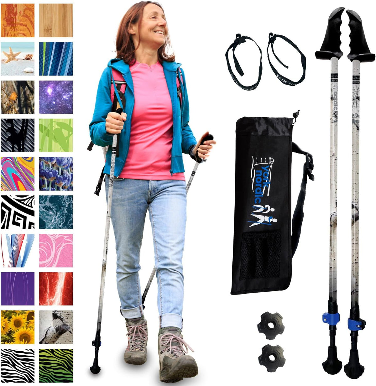 York Nordic Motivator Wanderstöcke - Zweiteiliges Set in Weißer Birke - Aluminium mit Stabilitätsgriffen und 54 Zoll - Für Balance Reha und Walking