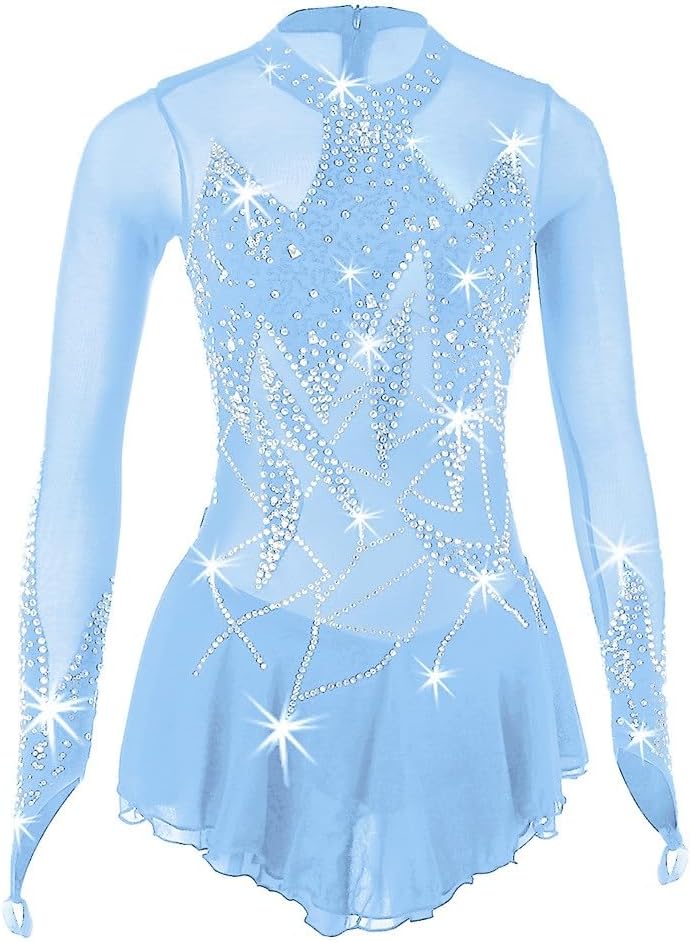 Eiskunstlauf Kleid für Damen - Sky Blue handgefertigt mit langen Ärmeln - Baumwolle für professionellen Wettkampf - Performance Kostüm für Eislaufen und Tanz