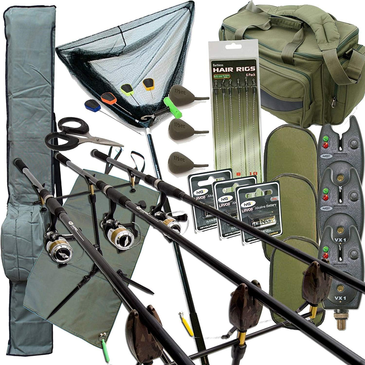 Karpfen Angelset komplett - Drei Ruten mit drei Rollen und Tragetaschen - Graphit und Metall in Schwarz Silber - 12 ft Ausführung mit 15 kg Gesamtgewicht