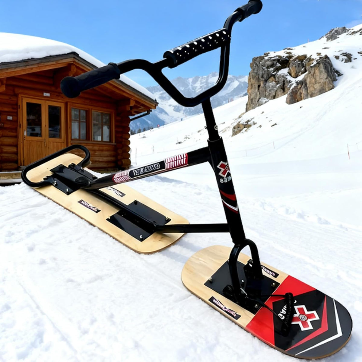 Schneescooter Type B für Erwachsene - Ergonomischer Griff mit Doppelski und 360 Grad Drehfunktion - Bis 150 kg Traglast - Snowboard Schlitten für Wintersport