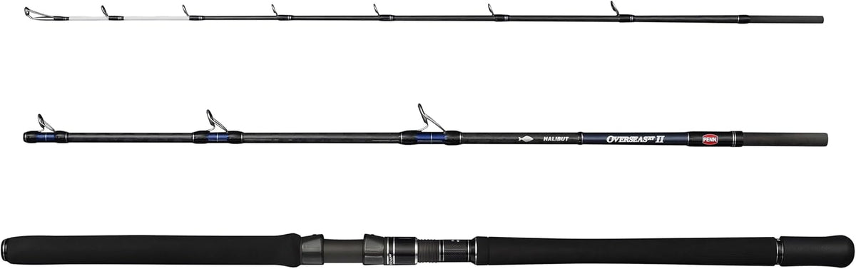 Penn Overseas XT II Heilbuttrute - Dreiteilige Salzwasser Castingrute aus 24T und 30T Carbon - EVA Griff in Marineblau - Für Heilbutt und Großfisch