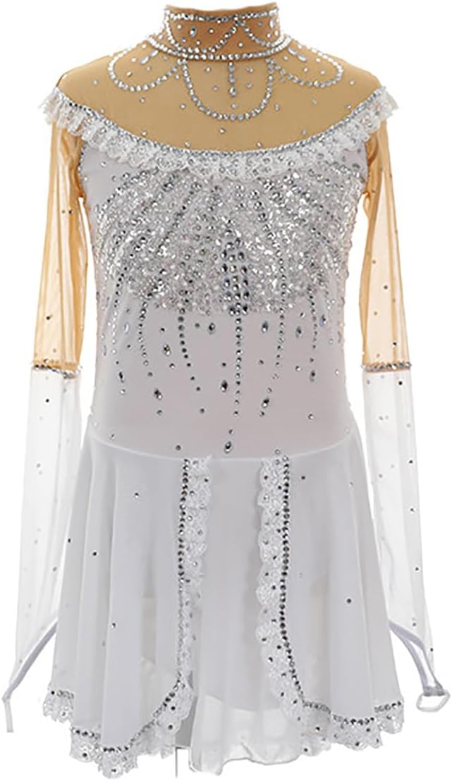 Eiskunstlaufkleid für Mädchen - Weiß mit funkelndem Farbverlauf und Diamant Optik - Wettbewerbskostüm für Eis Tanz und Performance - Maschinenwaschbar