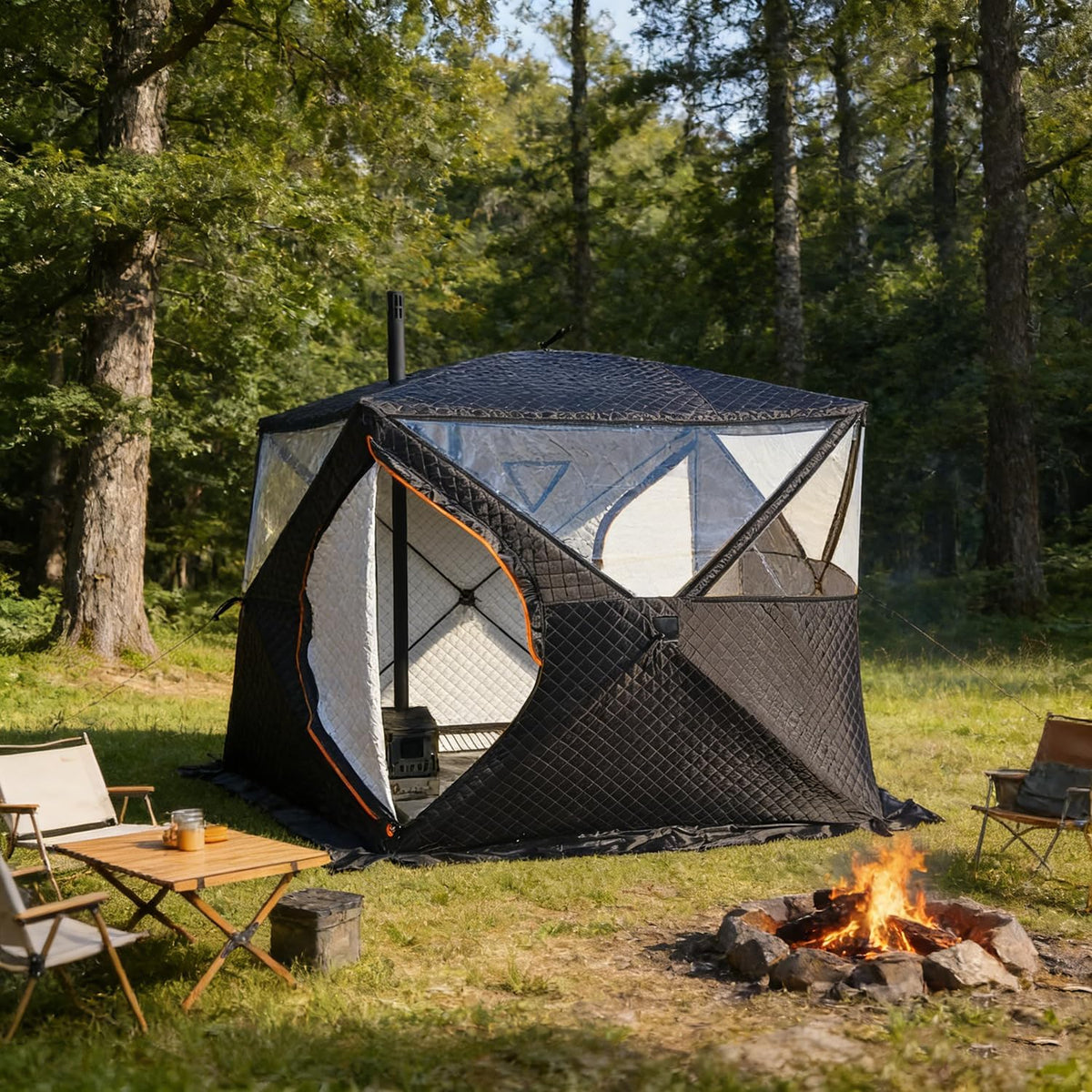 Isoliertes Eisangelzelt - Pop Up Hütte für drei bis vier Personen - 210D Oxford mit wasserdichtem Boden und Ofenöffnung - Mit Angelmatte für Wintereinsatz
