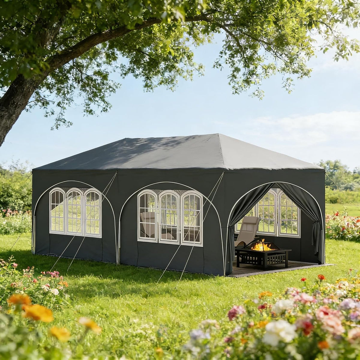 Pavillon 3 x 6 m - Grau mit 6 Seitenwänden und UV Schutz 50 Plus - Wasserdichtes Pop Up Zelt aus Eisen und Oxford Gewebe - Höhenverstellbar für Garten Camping Party und Hochzeit