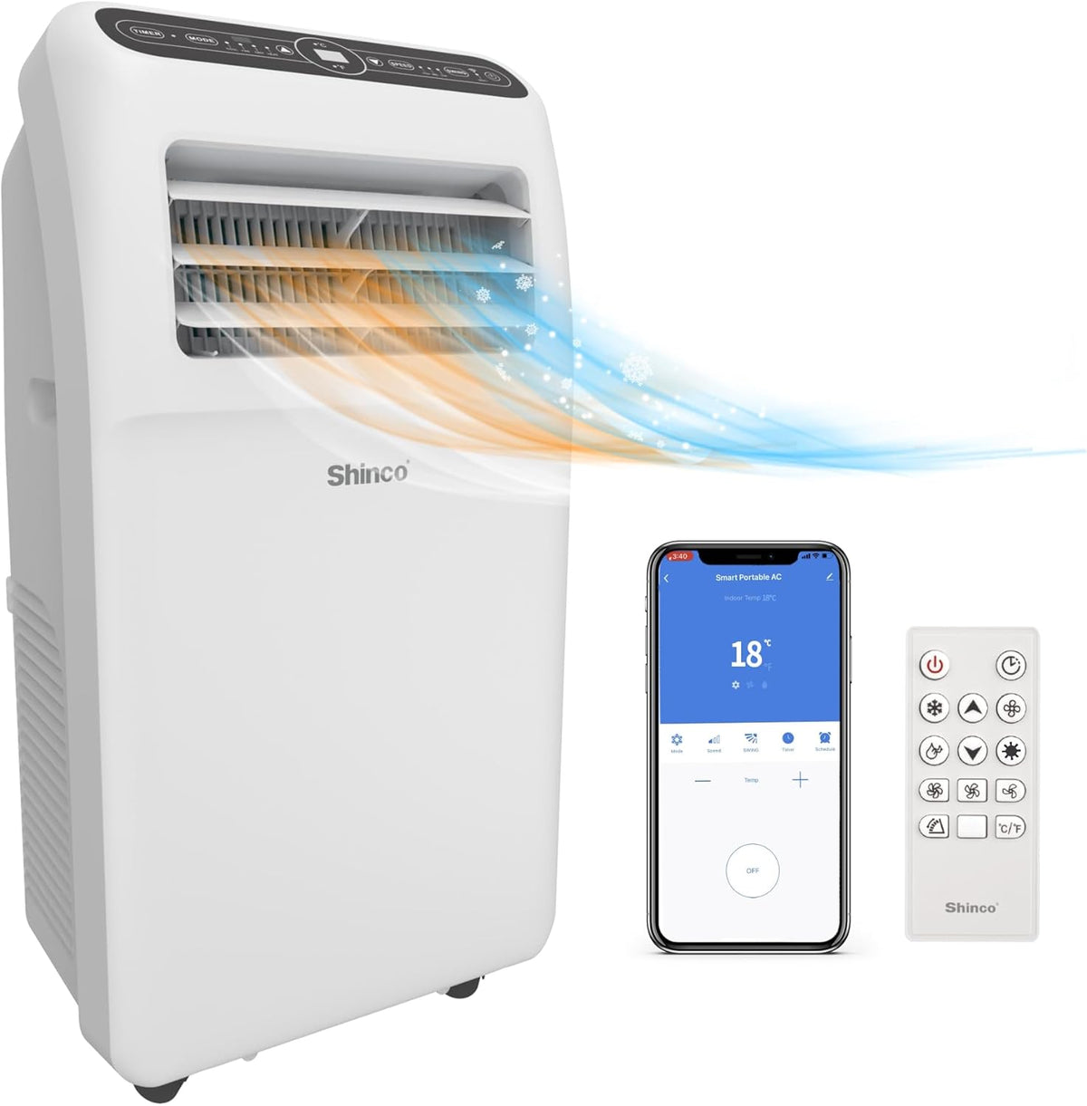 SHINCO Mobile Klimaanlage 12000 BTU - Kühlen Heizen Ventilieren und Entfeuchten für etwa 90 Kubikmeter - WiFi App und 24 Stunden Timer - Mit Abluftschlauch und Fensterset