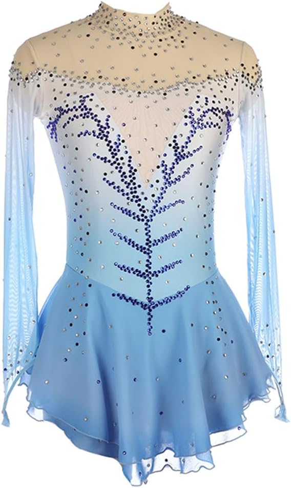 XIUWOUG Eiskunstlauf Kleid Damen Größe S - Blau mit Farbverlauf und Strass - Spandex Langarm Wettkampf Kostüm - für Eislaufen Gymnastik und Tanzperformance