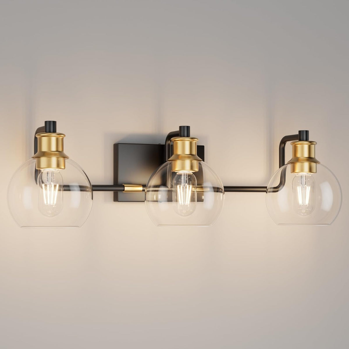 ZASTION Tipace Bad Wandleuchte 3 flammig - Vintage Waschtischlampe in Schwarz Gold mit transparenten Glaskugeln - Industrielle Beleuchtung über dem Spiegel - Ohne Leuchtmittel für Badezimmer
