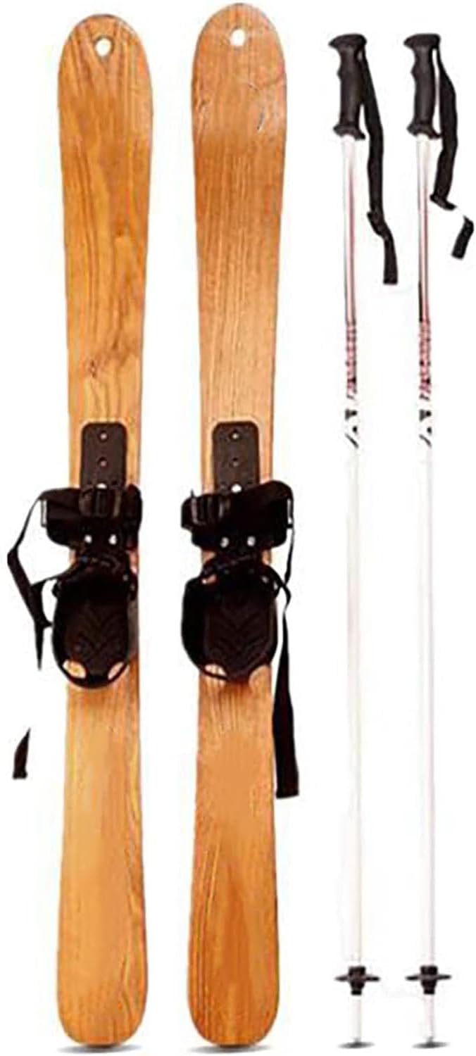 Holzski 1,3 m für Erwachsene und Kinder - Wintersport Set mit Schneestangen - Natürliche Holzmaserung und 2,3 kg Gewicht - Für Skifahren und Eislaufen