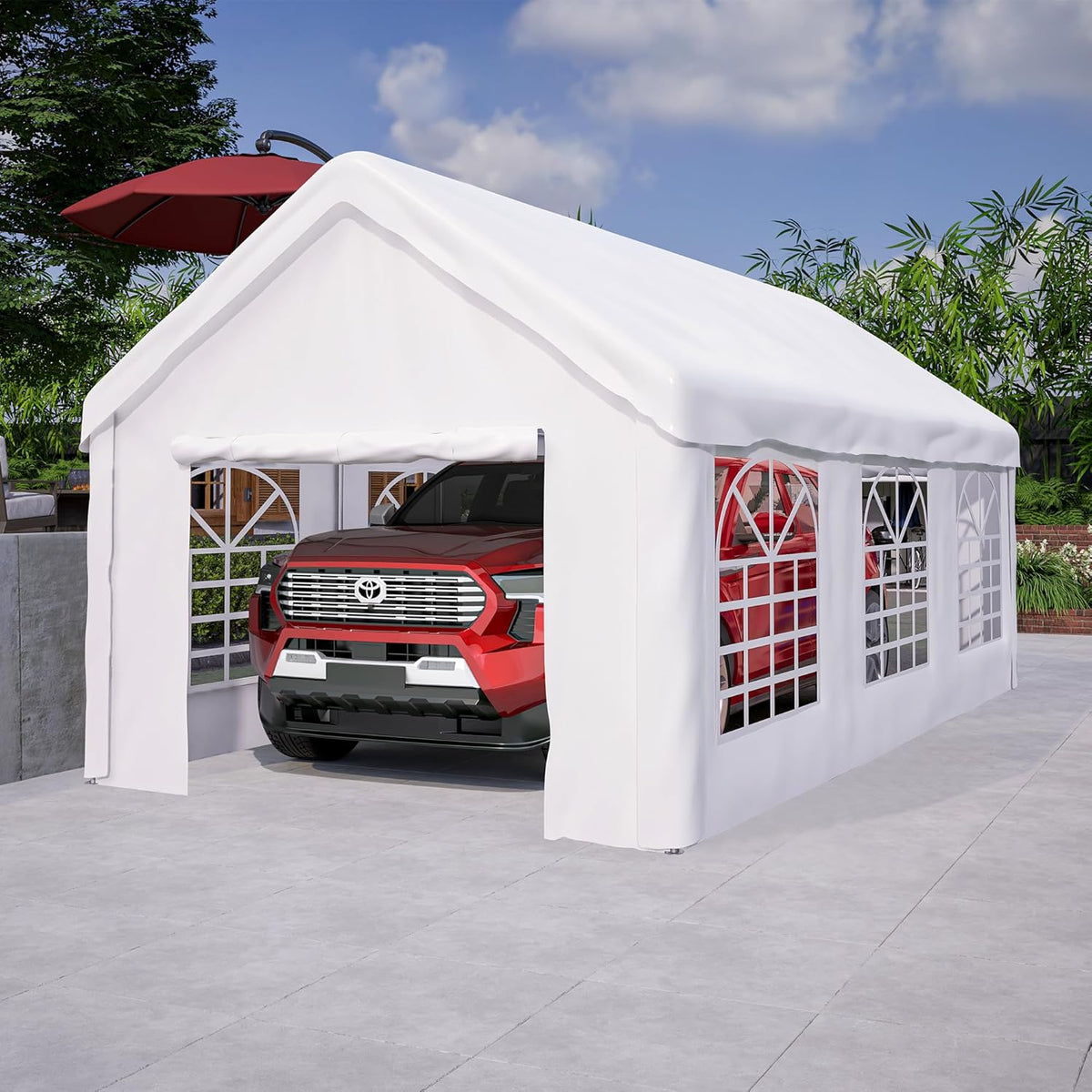 Carport Zeltgarage 3 x 6 m - weiße PE Plane mit Roll Up Tür und Seitenwänden - Stahlkonstruktion mit 51,4 kg - Unterstand für Auto Motorrad Lager und Veranstaltungen