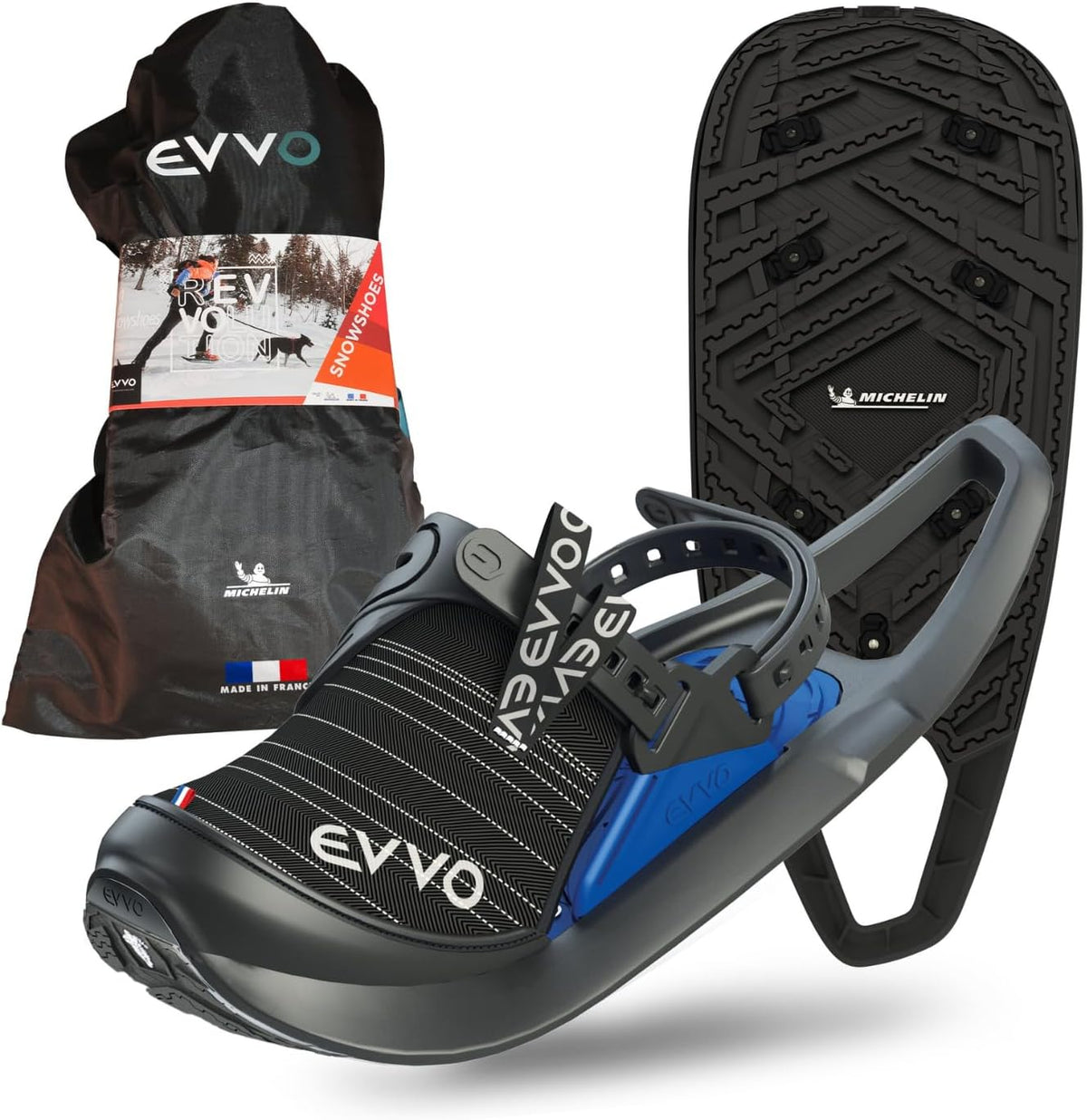 EVVO Originale Schneeschuhe L - Michelin Sohle mit Lamellenstollen und Icespike Technologie - Verstellbare Bindung für EU 42 bis 48 - Schwarz Blau mit Transporttasche
