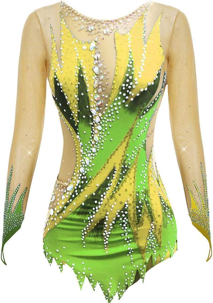 Damen Gymnastik und Eiskunstlauf Wettkampfanzug - Größe 15 16 mit Flash Diamant Design - Netzmaterial in Farbe C - Sportoutfit für Winter und Outdoor Training