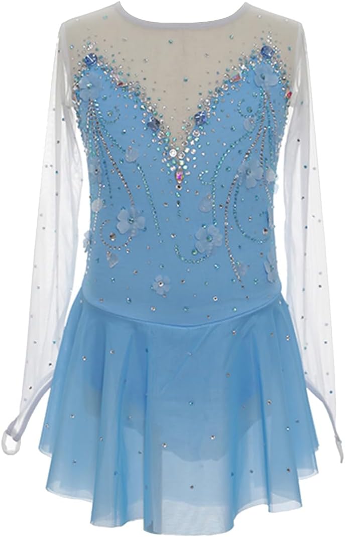 purpleq Damen Eiskunstlaufkleid - Blau mit langen Ärmeln Strass und handgefertigtem Rock - Baumwolle in Mini Länge - Für Ballett Latein Tanz und Wettbewerb