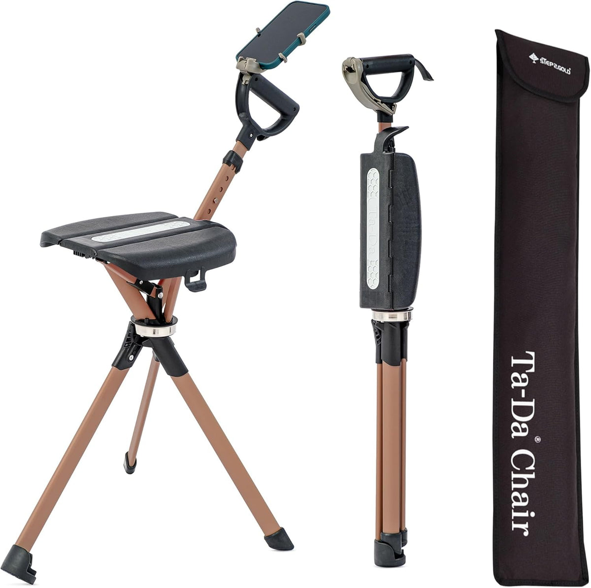 Ta Da Chair Serie 2 Pro Max Gehstock mit Sitz - Aluminiumrahmen bis 182 kg - Schwarzer faltbarer Klapphocker - Höhenverstellbar für Wandern und Outdoor Pausen