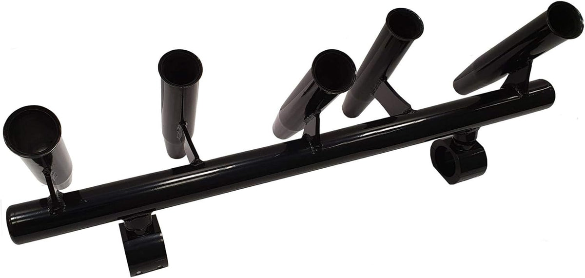 Galaxy Black Rutenhalter - Schwarze Aluminium Halterung für fünf Angelruten - Oberflächenmontage für Bootsturm und T Top - Für Transport und Rutenorganisation