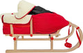 Hörnerschlitten V 21 095 - Klappschlitten aus Buche mit Lehne und rotem Fußsack - Naturbelassen 95 x 30 x 23 cm - Holzrodel für Kinder und Winterausflüge