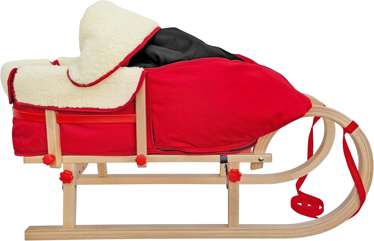 Hörnerschlitten V 21 095 - Klappschlitten aus Buche mit Lehne und rotem Fußsack - Naturbelassen 95 x 30 x 23 cm - Holzrodel für Kinder und Winterausflüge