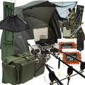Karpfen Angelset - Drei Stück mit 3 Komma 6 m Ruten Rollen und Bissanzeiger - Mit Netz Rod Pod Taschen Brolly und Tackle - Schwarze Fiberglas Ausführung