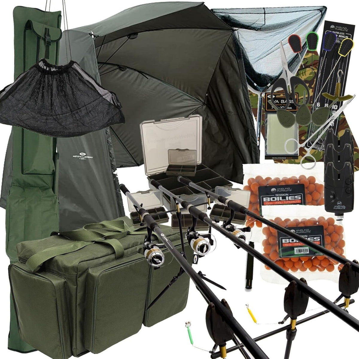 Karpfen Angelset - Drei Stück mit 3 Komma 6 m Ruten Rollen und Bissanzeiger - Mit Netz Rod Pod Taschen Brolly und Tackle - Schwarze Fiberglas Ausführung