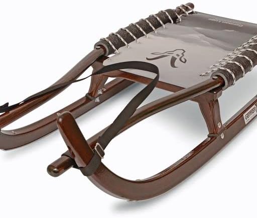 GL Rodel 115 cm - Holzschlitten mit Edelstahl Laufschienen und Gurtband - Braun mit grauem Sitz - Klassischer Kinderschlitten für Schnee und Winter