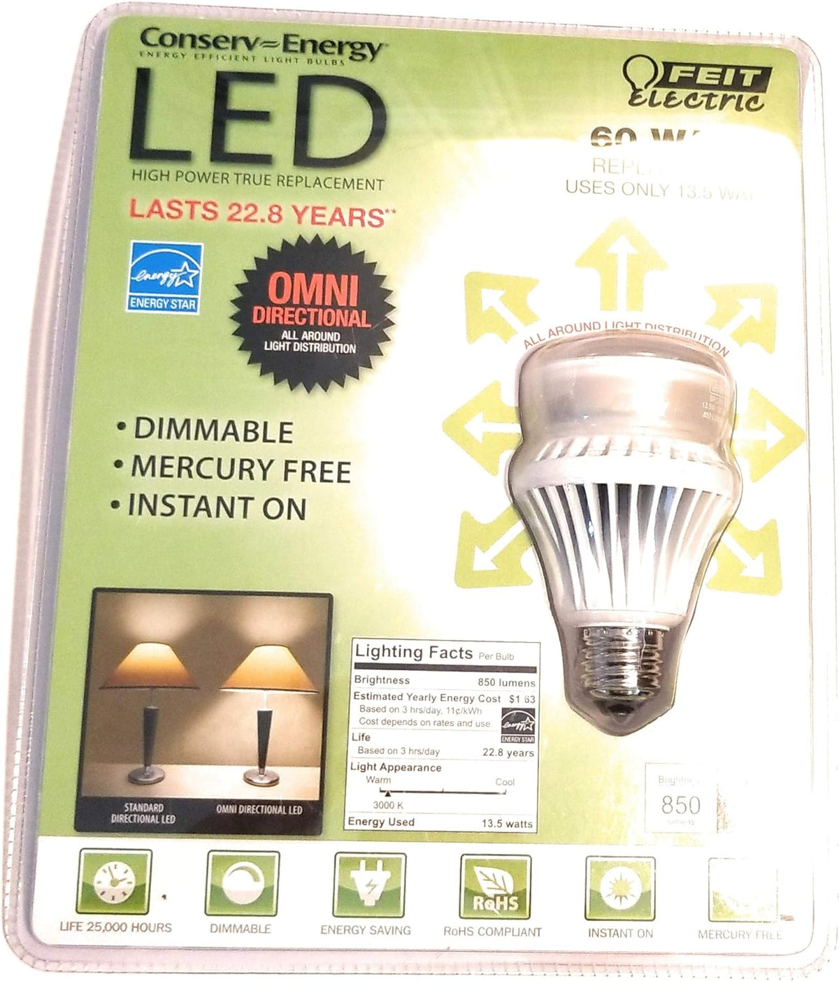 Feit A19 LED Leuchtmittel 13.5 W - Dimmbares Energiespar Leuchtmittel - A19 Bauform für kompatible Lampen und Leuchten - LED Lichtquelle für vielseitige Innenbereiche