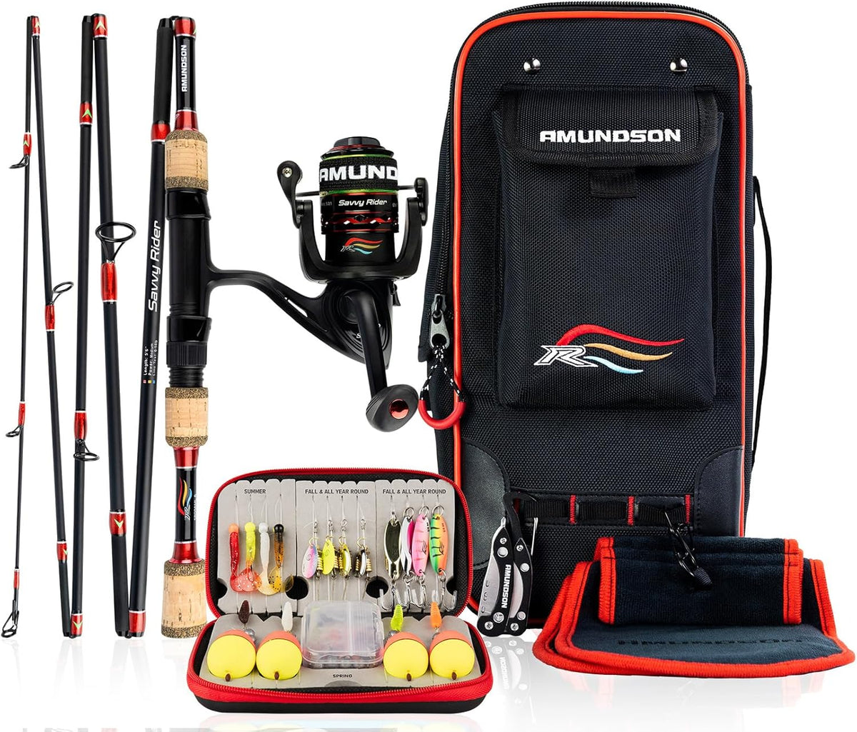 Amundson Angelruten und Rollen Combo - Graphit Carbon Rute mit Aluminiumspule - Automatisch ausziehbares Reise und Camping Set - Für Anfänger und Ganzjahresangeln