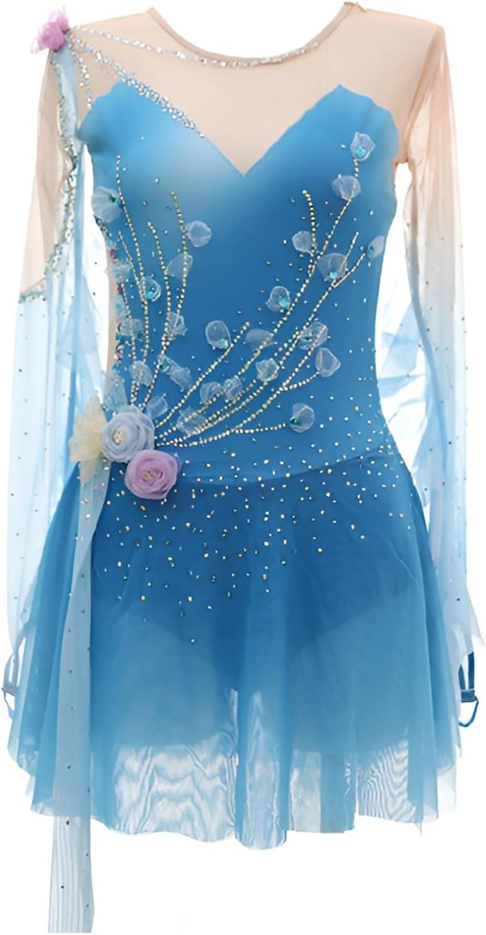 Mädchen Eiskunstlaufkleid - Langarm mit Rock und elastischer Passform - Elasthan für Bewegungsfreiheit - Wettkampf Outfit für Training Performance und Eislaufen