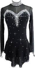TJDWPRRD Eiskunstlauf Kleid Mädchen - Schwarz langärmlig rückenfrei mit Strass - Elastan für Ballett und Gymnastik - Wettkampf Rock Modell 66201006