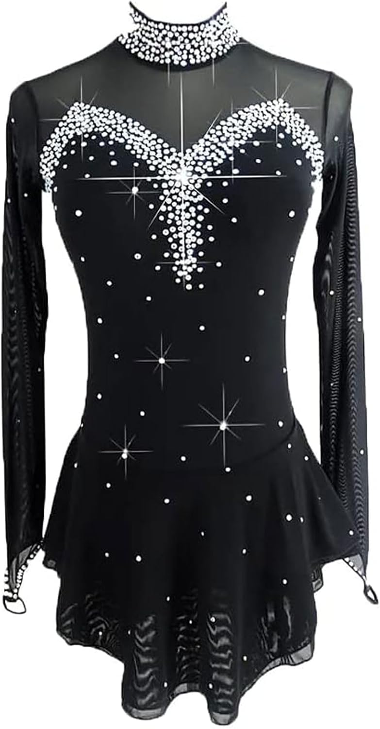 TJDWPRRD Eiskunstlauf Kleid Mädchen - Schwarz langärmlig rückenfrei mit Strass - Elastan für Ballett und Gymnastik - Wettkampf Rock Modell 66201006