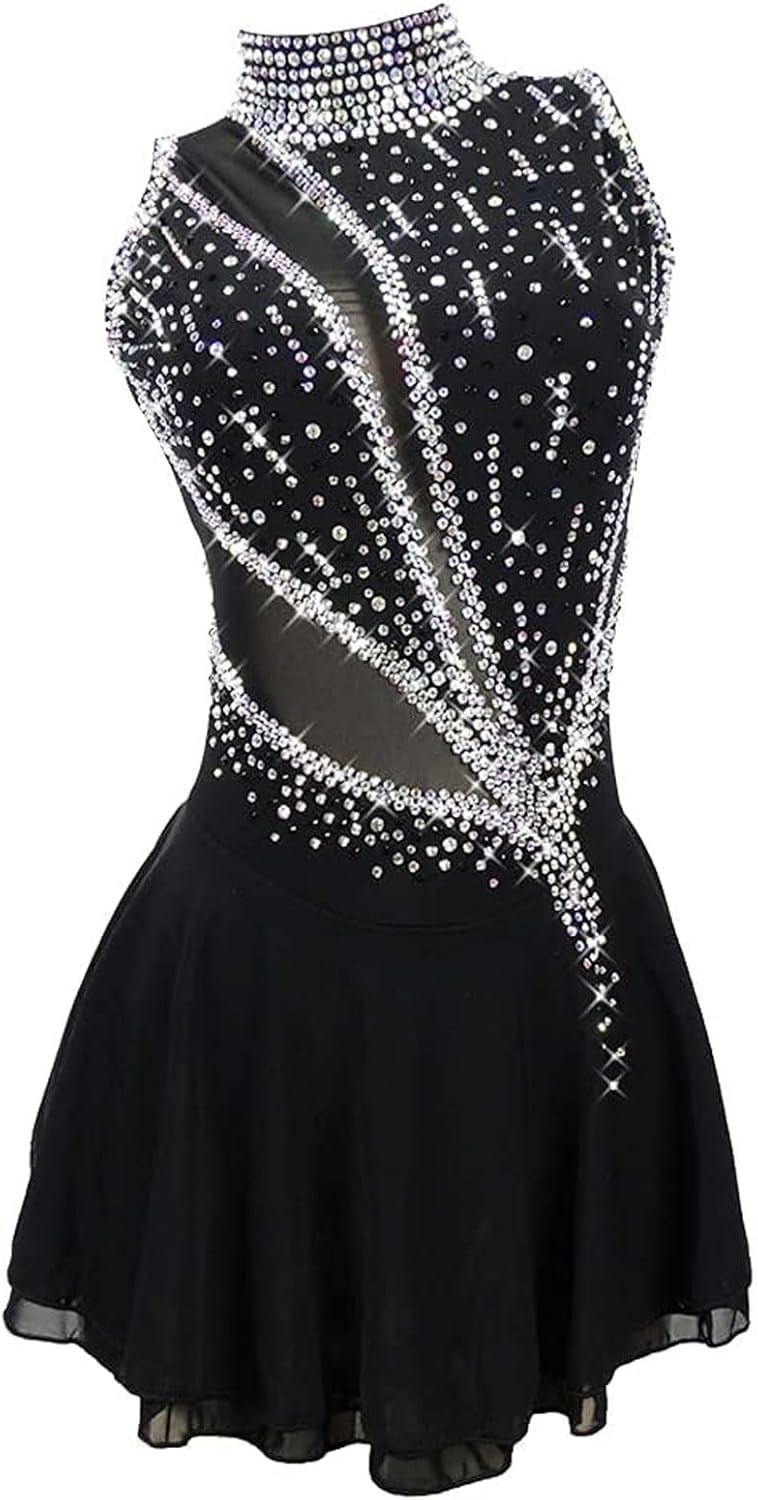 FZHQNZJF Eiskunstlaufkleid - Schwarz Größe M mit funkelndem Strass - Aus Spandex mit handgefertigtem Design - Profi Kostüm für Ballett Gymnastik und Wettbewerb