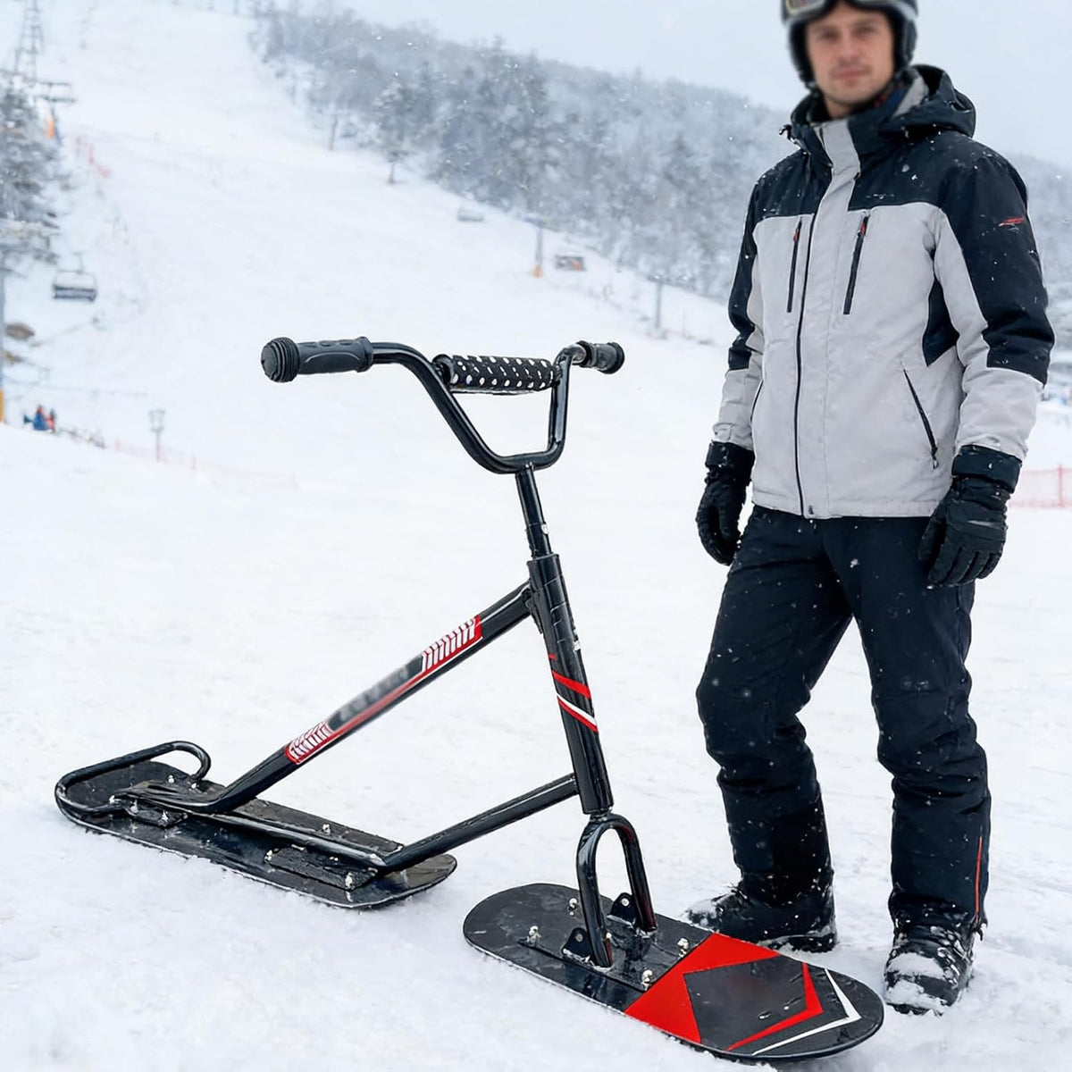 Doppeldecker Schneescooter - Aluminiumrahmen mit 360 Grad Lenkung - Traglast bis 150 kg für Schnee und All Terrain Einsatz - Schwarz für Erwachsene und Outdoor Freizeit