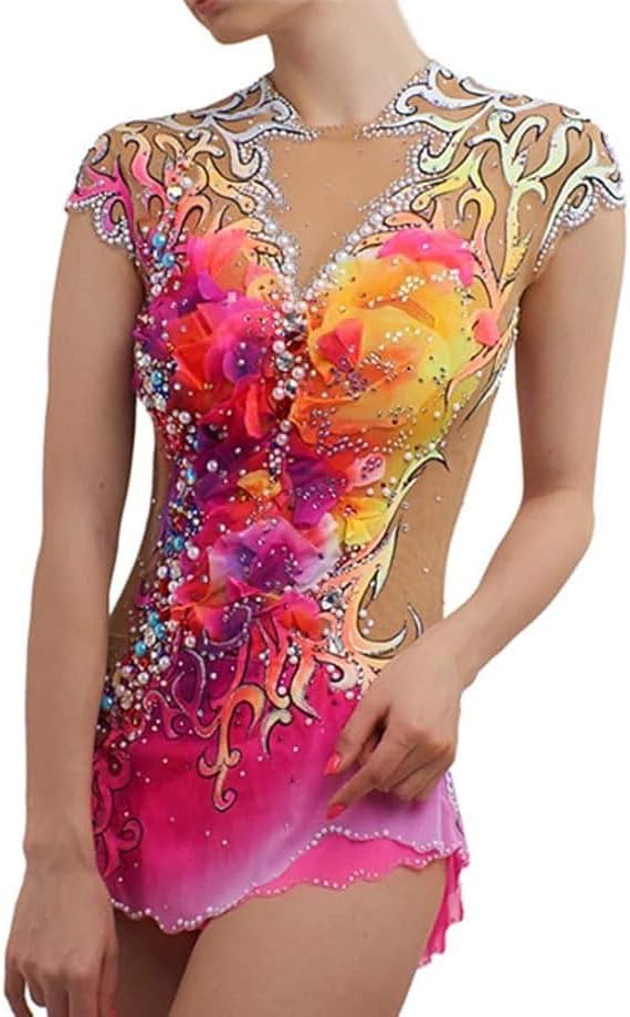 JRUIA Turnanzug für Damen und Mädchen - Bedrucktes Eiskunstlauf und Gymnastik Outfit - Elasthan in Größe L - Für Rhythmische Sportgymnastik Tanz und Wettkampf