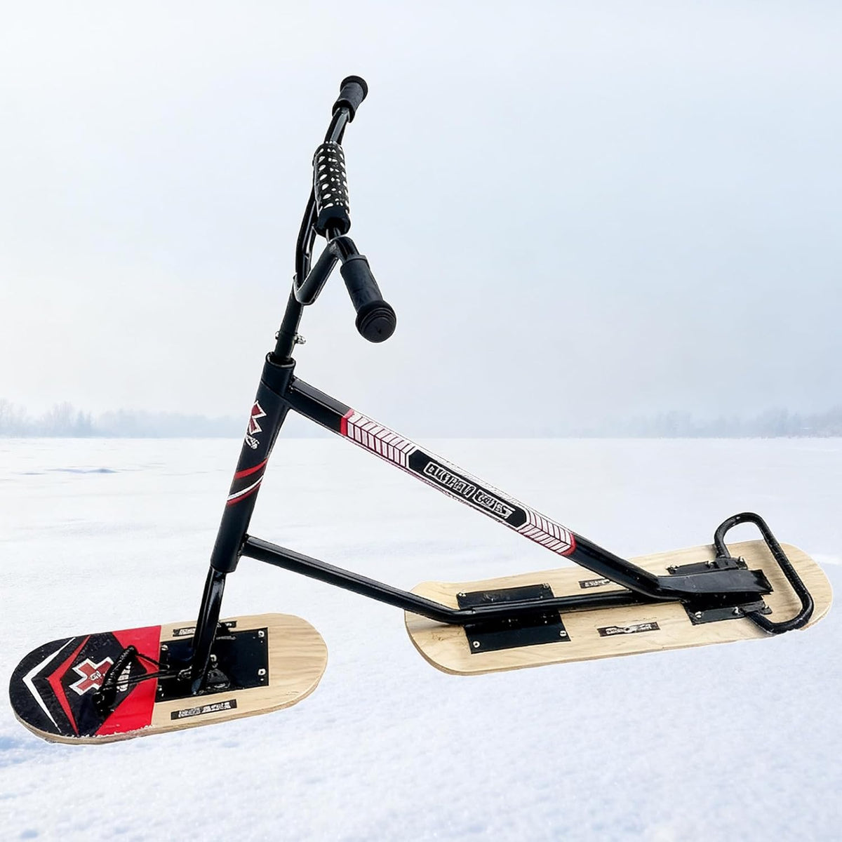 Snow Scooter für Erwachsene - Holzoptik mit Doppelklingen und verstärktem Rahmen - 360 Grad Lenkung für All Terrain Wintersport - Für Familienaktivitäten und Schnee Freizeit