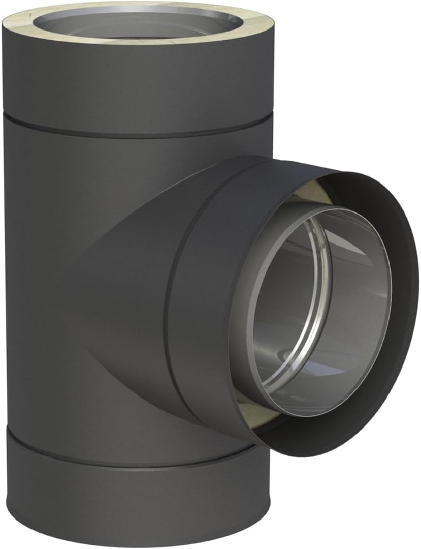Jeremias DW Black T Anschluss 200 mm - 90 Grad doppelwandiges Schornsteinelement - Edelstahl in Schwarz für Abgasanlagen - Für Öl Gas und Festbrennstoffe