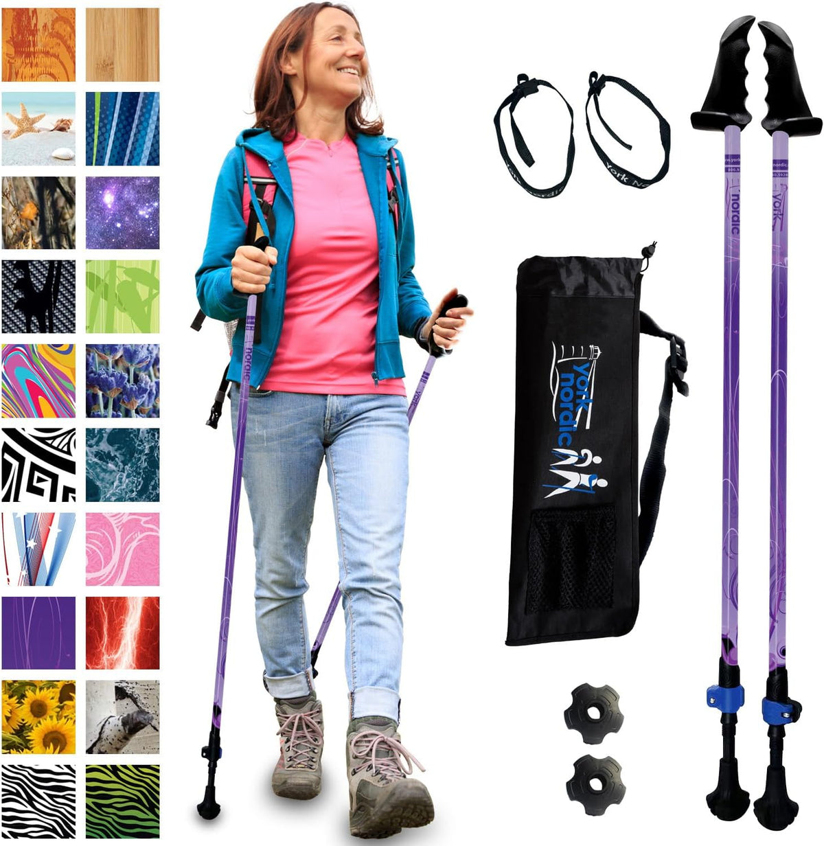 York Nordic Motivator Wanderstöcke - Zwei verstellbare Aluminiumstöcke in Violett - Stabilitätsgriffe und Klappverschlüsse - Für Balance Reha und Gehtraining