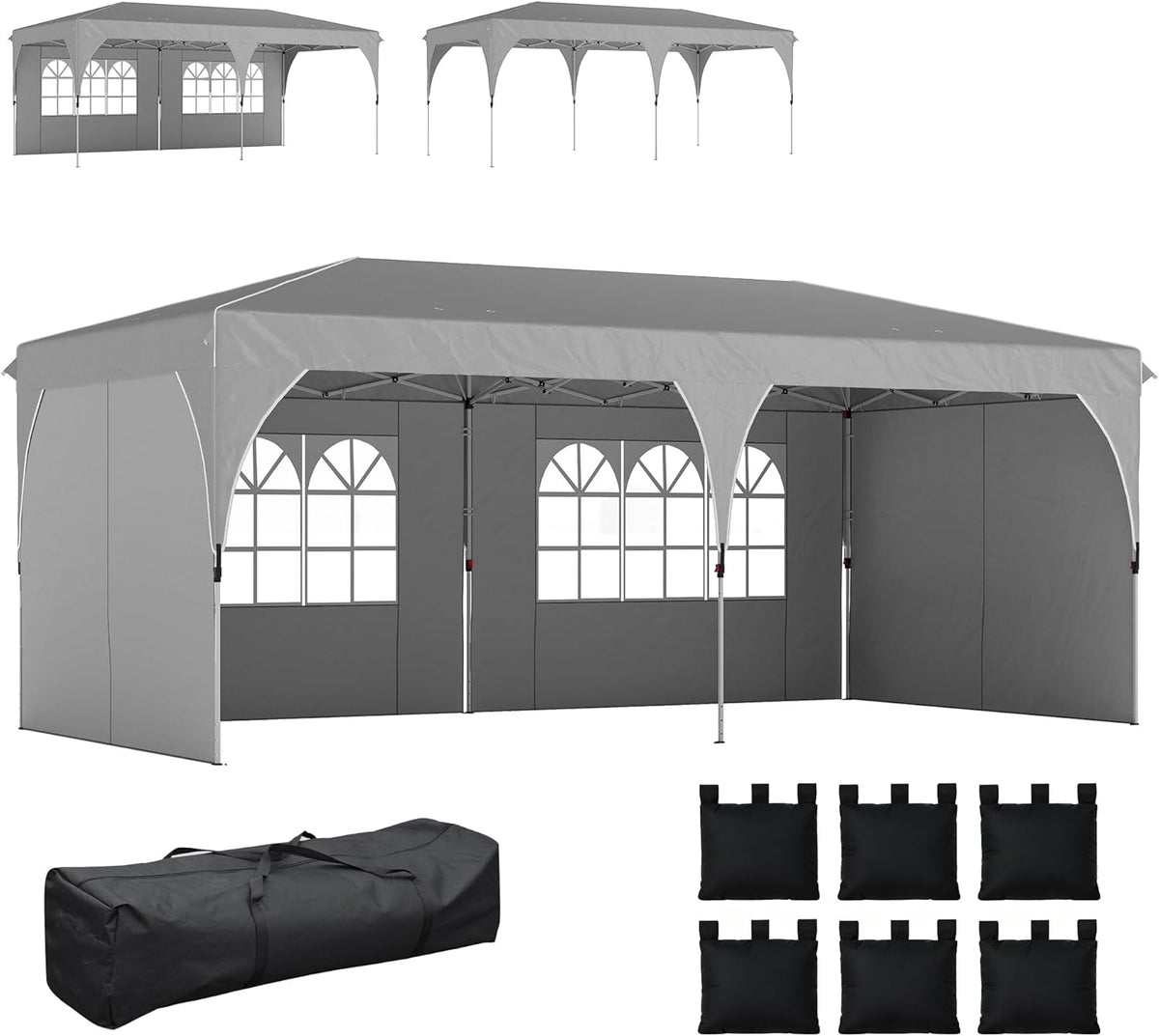 Outsunny Gartenpavillon 3 x 6 m - Pop up Zelt höhenverstellbar und wasserdicht - UV50 Schutz mit 4 Seitenwänden und 6 Sandsäcken - Grau mit Tragetasche für Garten und Events