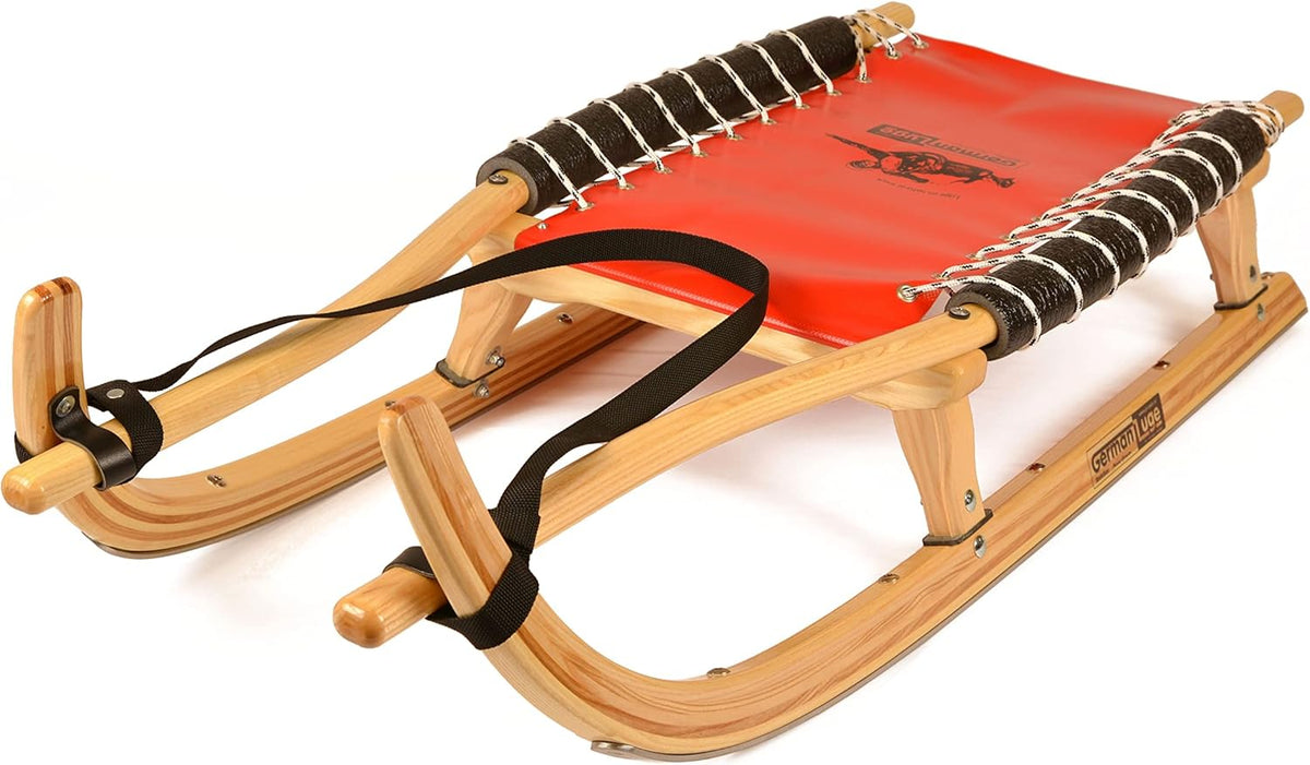 GL Rodel 115XL - Naturholz mit verstärkten Holmen und Edelstahl Laufschienen - roter Sitz mit Gurtband - klassischer Holzschlitten für Winter und Rodeltouren