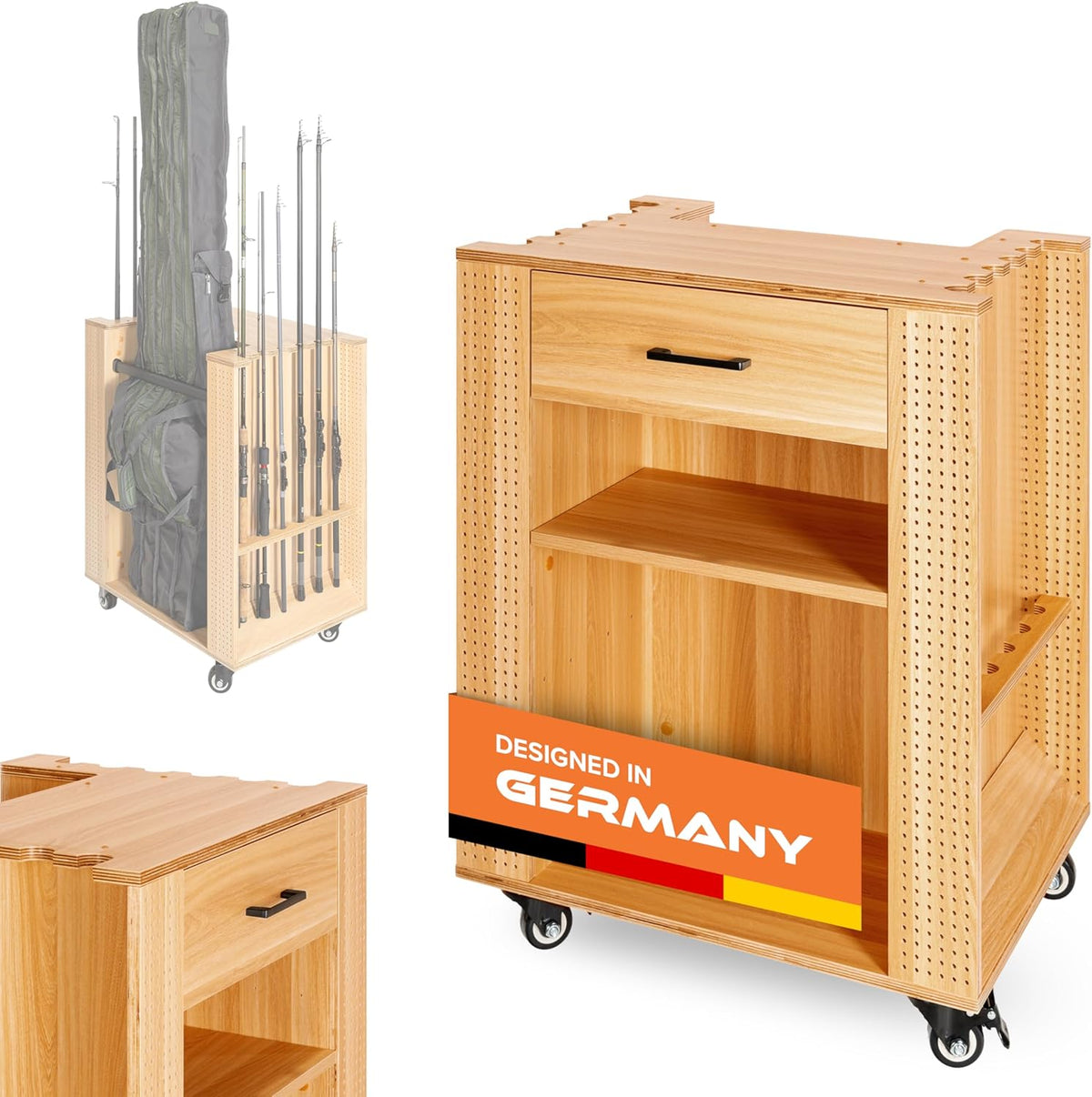 Angelschrank für zwölf Angelruten - Holzwerkstoff in Kiefer Optik 65 x 50 x 84 Komma 5 cm - Drehbar mit Schubladen und Fächern - Optional für acht Angelrollen
