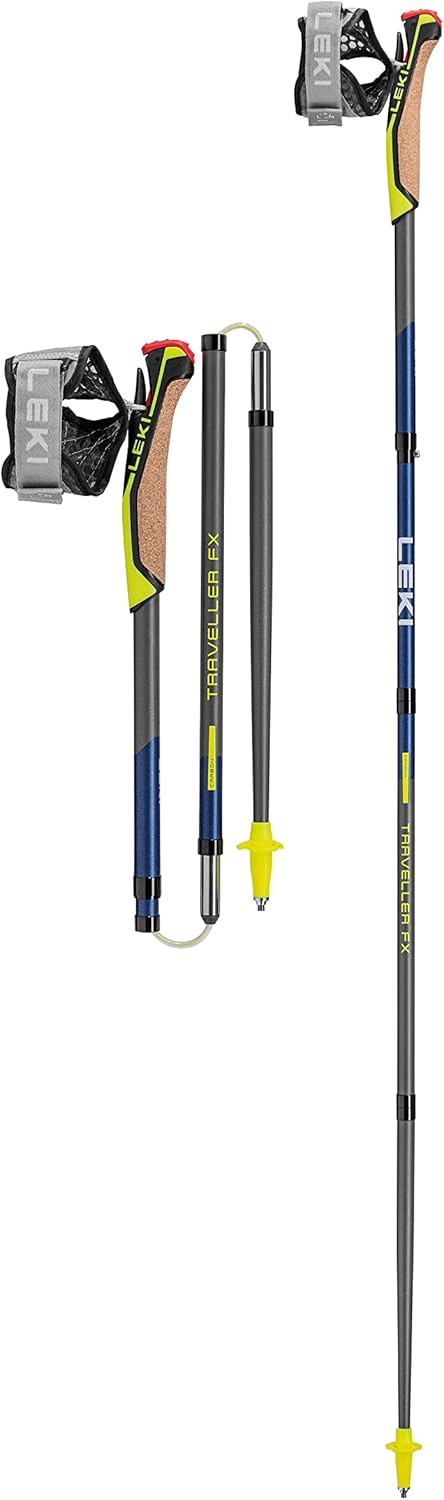 Leki Traveller FX One Carbon Stöcke - 110 cm lange Kohlenstofffaser Schäfte - Silber Grau Mitternachtsblau und Neongelb - Für Wandern Reise und Trekking