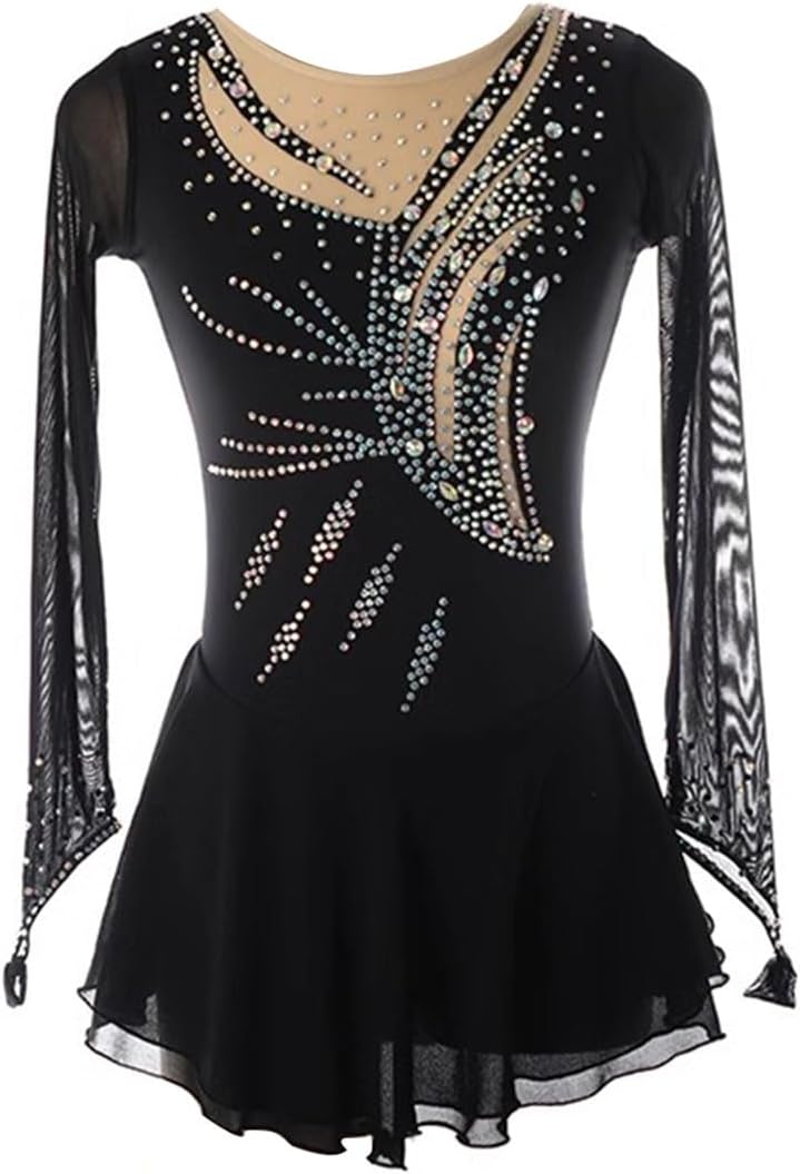 purpleq Damen Eiskunstlaufkleid - Langarm Mesh und Glitzer Design - Baumwolle in Mini Länge für Ballett und Gymnastik - Für Eislaufen Rollkunstlauf und Tanz