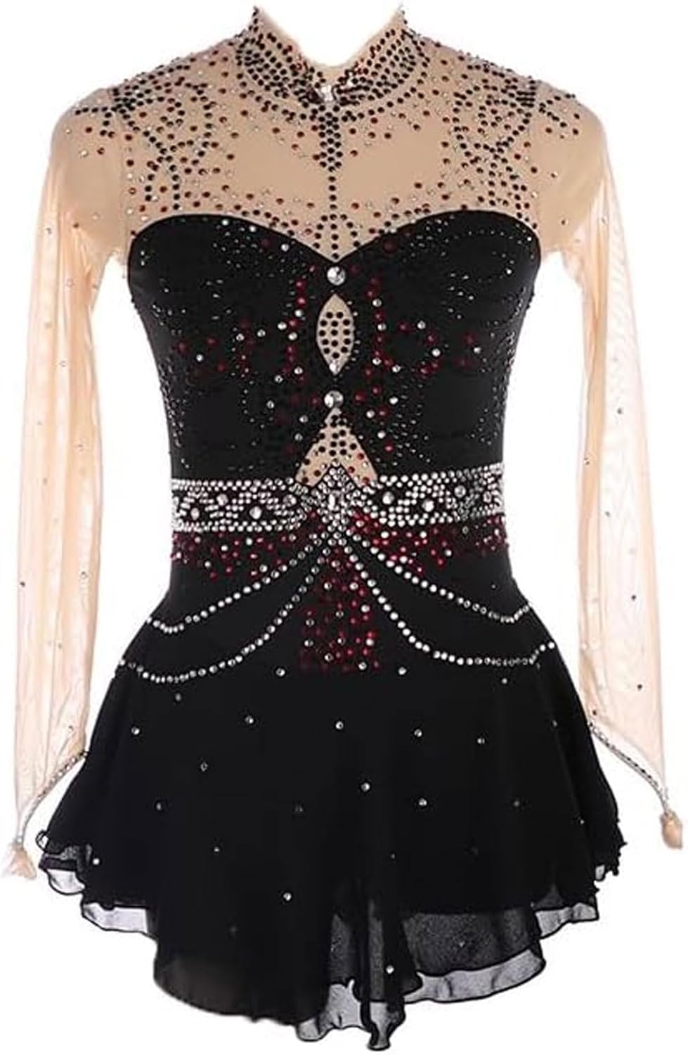 Eiskunstlauf Kleid - Schwarz Größe XXXL mit langen Ärmeln und Kristalldetails - Aus Spandex für Mädchen und Damen - Elegantes Wettkampfkostüm für Ballett und Rollkunstlauf