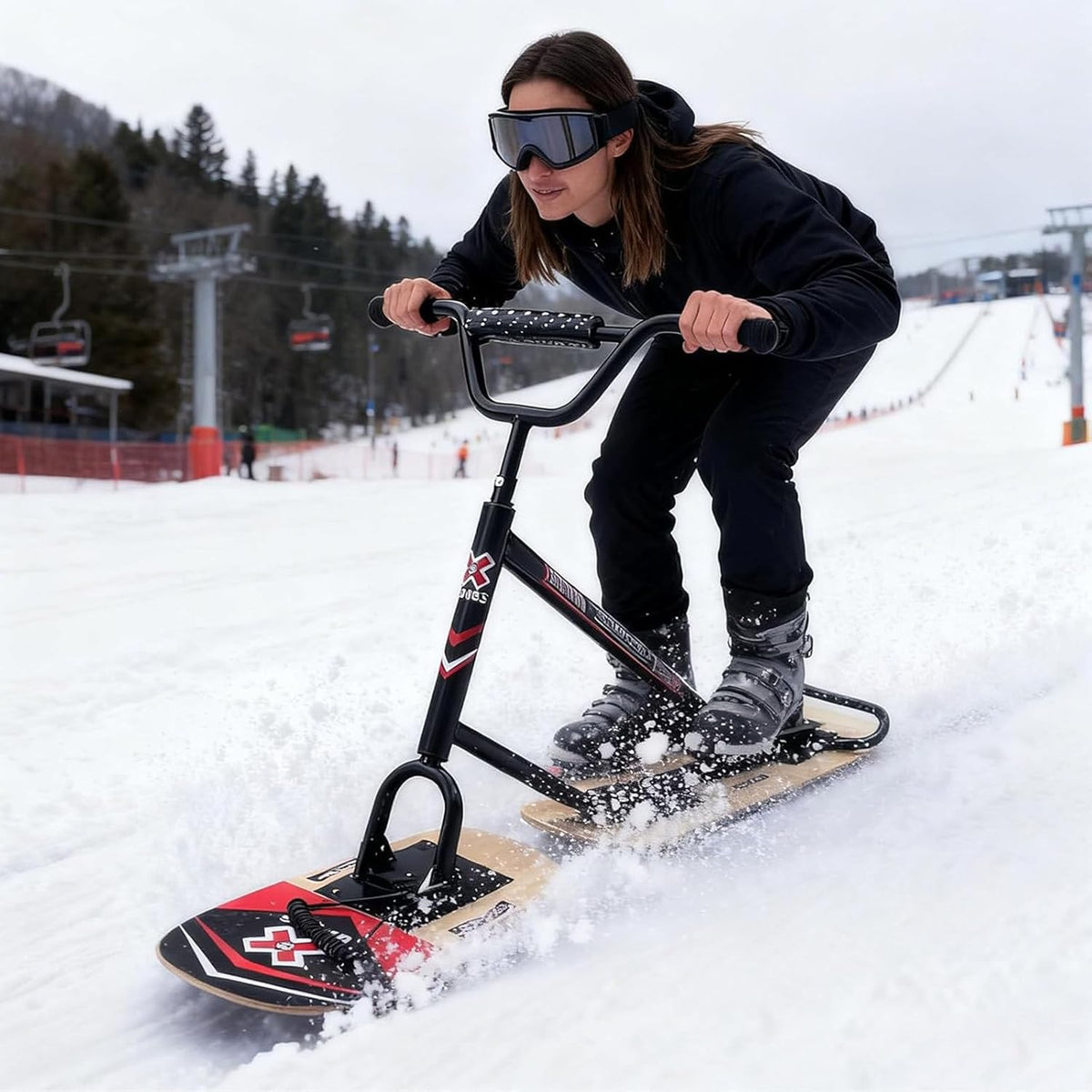 Fortschrittlicher Schneescooter Type A - 360 Grad Lenkung mit dreifachem Aluminiumrahmen - Bis 150 kg Tragfähigkeit - All Terrain Schneeskateboard für Erwachsene