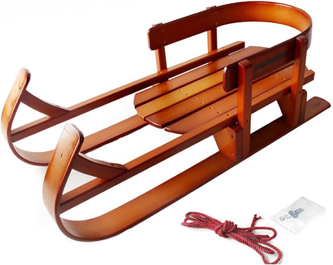 Holzschlitten für Kinder - Buche Massivholz mit Rückenlehne - 92 cm langer Skiträger für Winter Outdoor Sport - Klassischer Kinderschlitten für Schnee und Freizeit