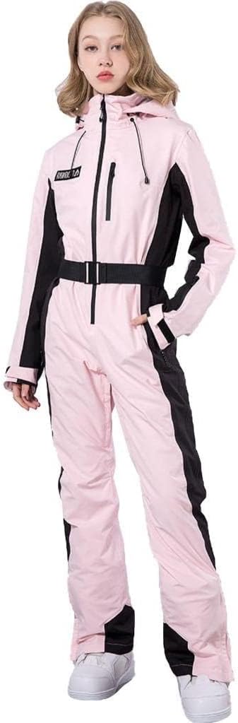 ALSOGO Damen Skioverall einteilig - Wasserdichter Schneeanzug mit 10000 mm Wassersäule - Abnehmbarer Pelzkragen und Gürtel - Warm isoliert für Ski und Snowboard