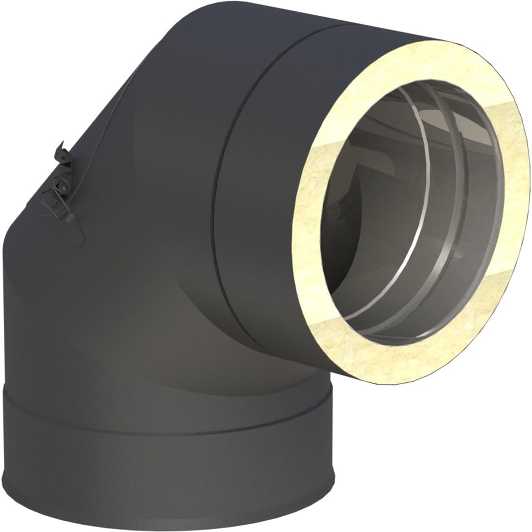 Jeremias DW Black Winkel 150 mm - 90 Grad Schornsteinwinkel aus Edelstahl mit Revisionsöffnung - Doppelwandig in Schwarz matt - Für Abgasanlagen mit Öl Gas und Festbrennstoffen