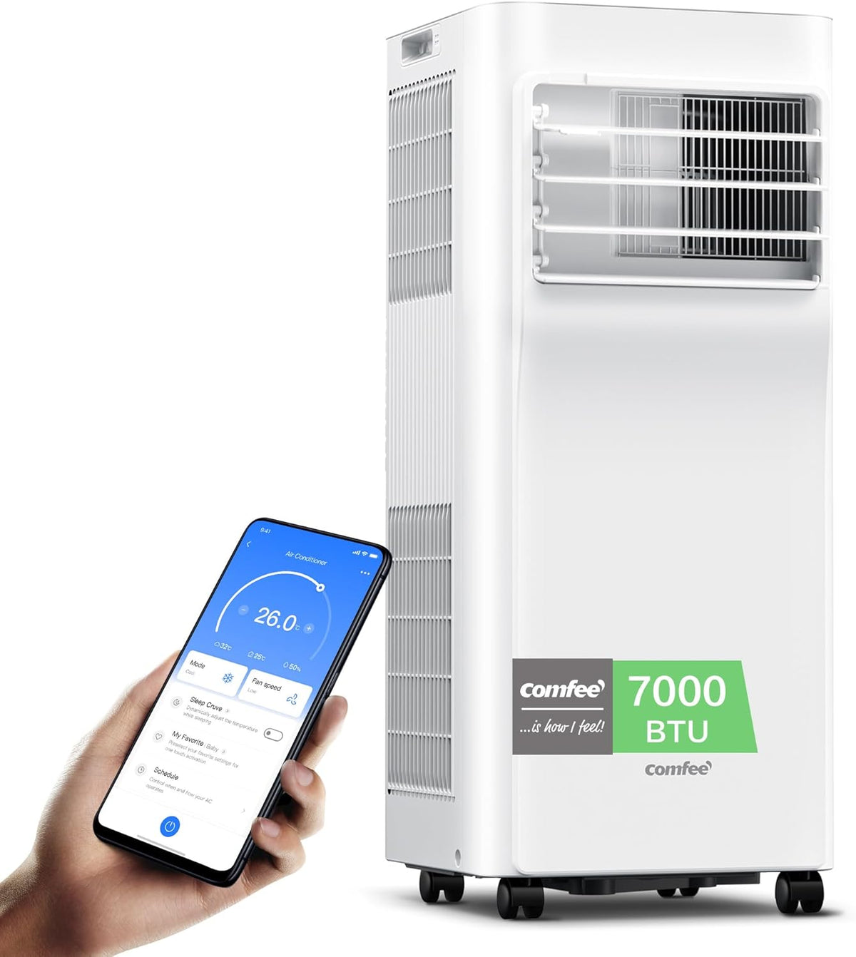 Comfee Breezy Cool Pro 2.0 mobiles Klimagerät - 7000 BTU und 2.0 kW für Räume bis 25 Quadratmeter - Kühlen Ventilieren und Entfeuchten - App Steuerung mit Abluftschlauch