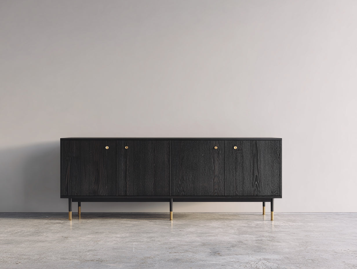 Dielenschrank Holz Massivholz 180x40x70 cm Schwarz - Vintage Sideboard Flur Stauraum 4 Türen Modern Minimalistisch